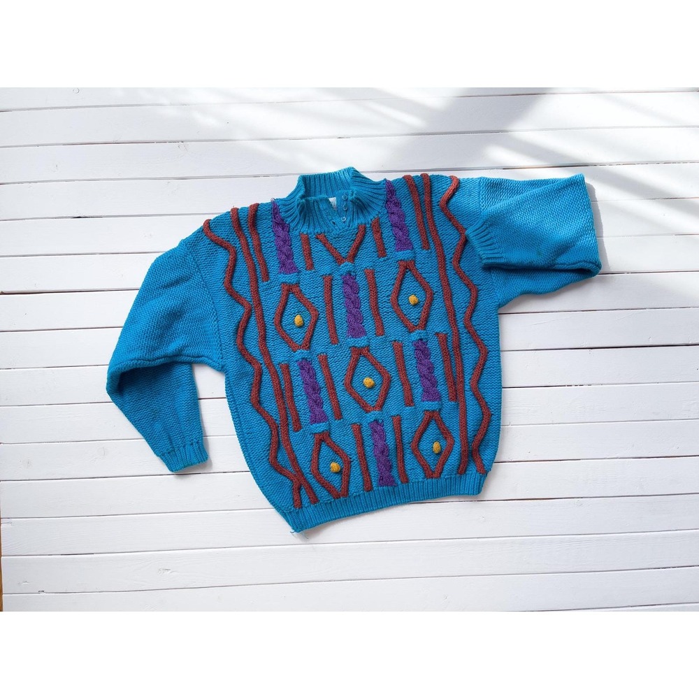 blue embroidered sweater 80s vintage mock neck art to wear sweater